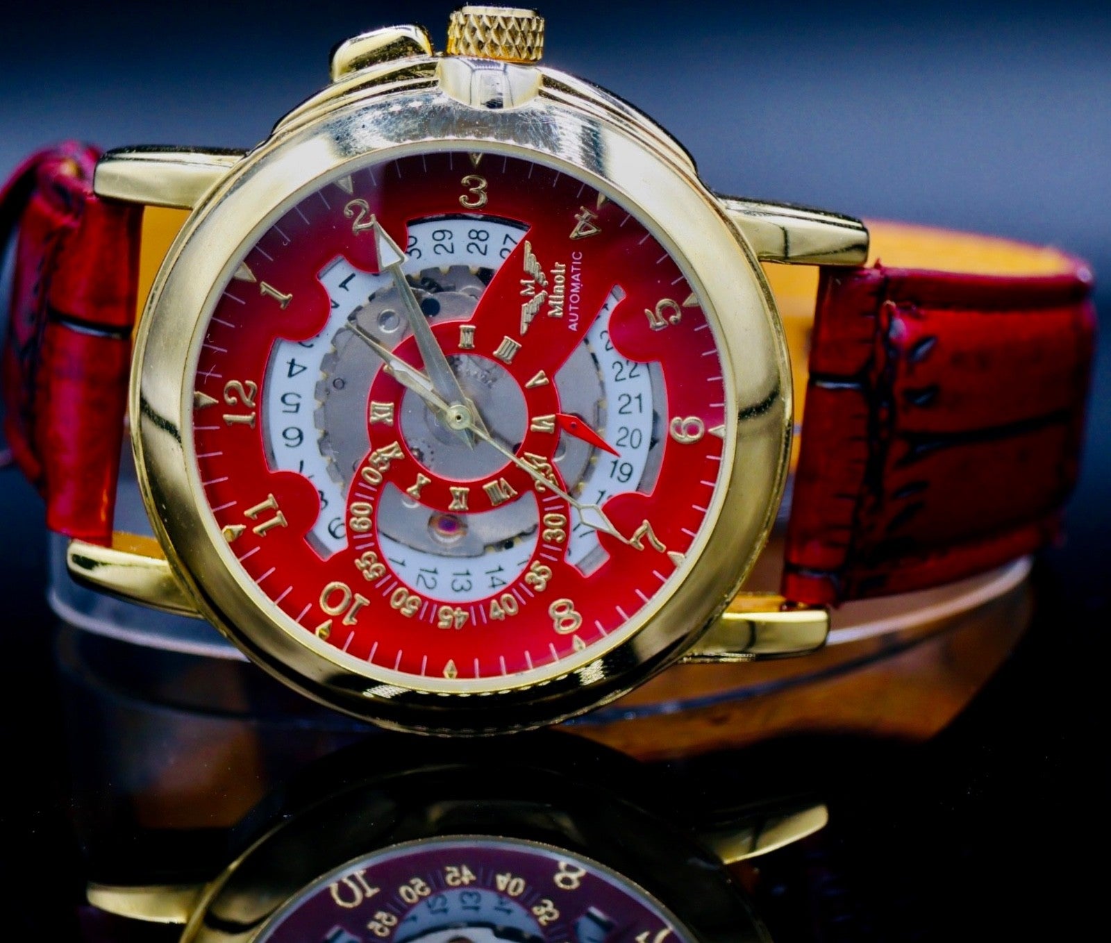 Edle Herren Uhr Automatik Armbanduhr  Rot Farben Minoir Herrenuhr mit Lederband1