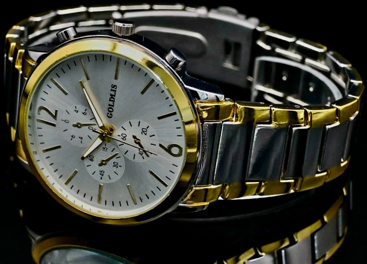 Herren Armband Männer Uhr  Silber Gold Farben Chrono-Look Bicolor **1