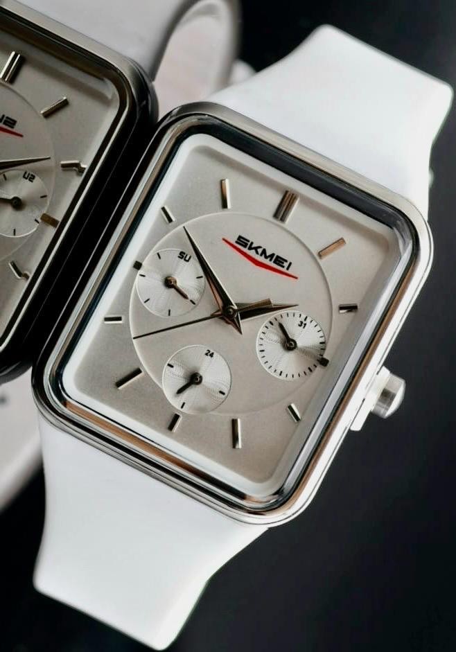 SKM - DAMEN - HERREN - UHR - KALENDER - TAG - DATUM - SILIKON - WEISS - NEU0