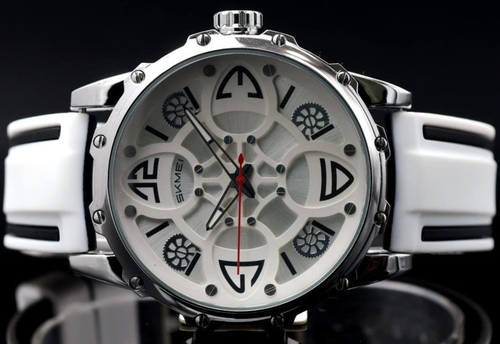 SKM - HERREN - UHR - SILIKONBAND - SCHWARZ - WEISS - LEUCHTZEIGER - 45MM - NEU1