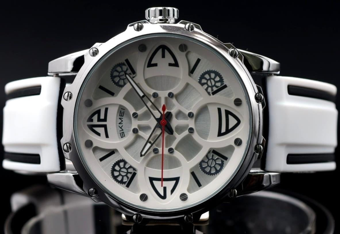 SKM - HERREN - UHR - SILIKONBAND - SCHWARZ - WEISS - LEUCHTZEIGER - 45MM - NEU1