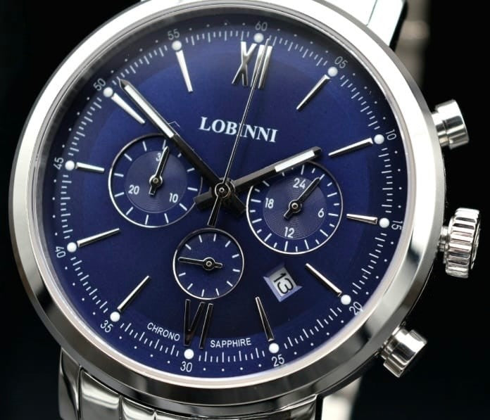 Lobinni Herren Männer Uhr Chronograph Stoppuhr Datum Silber Blau Farben NEU2