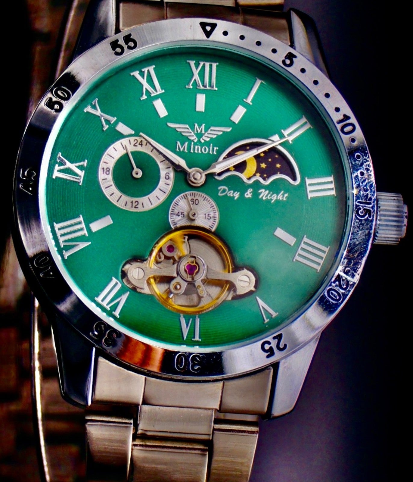 Edle Luxus Minoir Automatikuhr Armbanduhr Herrenuhr Grün offene Unruh Glasboden!0