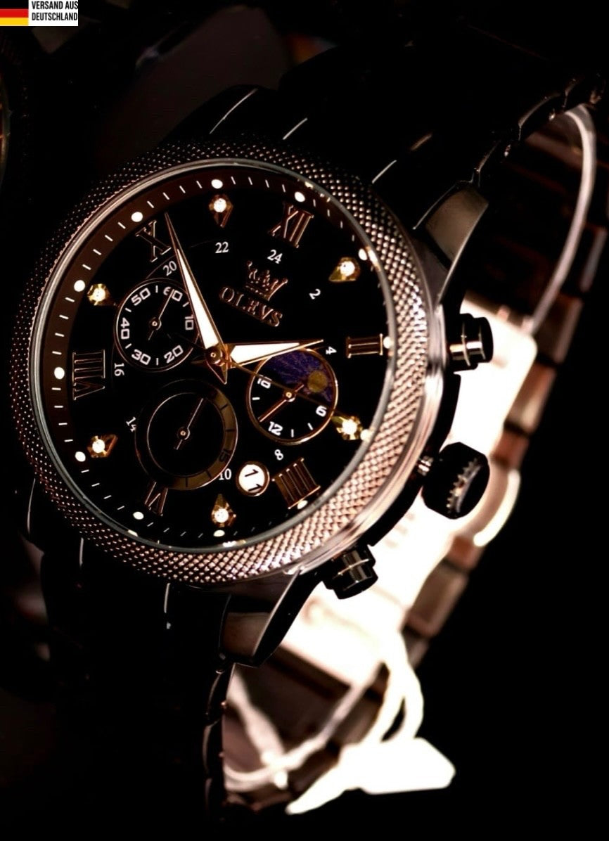 Herren Männer Armband Uhr Chronograph Stoppuhr Datum Schwarz Keramik Look0