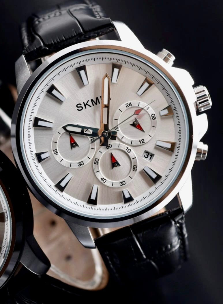 - HERREN - UHR - SKM - CHRONOGRAPH - STOPPFUNKTION - DATUM - LEDER - 46MM -0