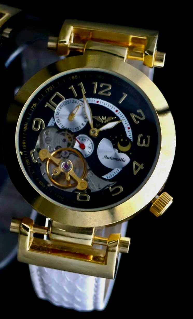 Edle Herren Uhr Automatikuhr Leder Armbanduhr Minoir  offene Unruh B-WARE0