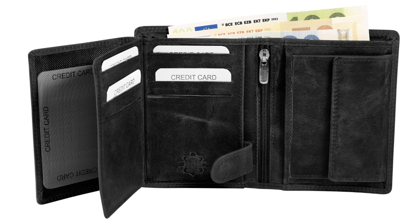 Akzent Basic Leder Geldbörse RFID Schutz Portemonnaie Schwarz Totenkopf Motiv 42