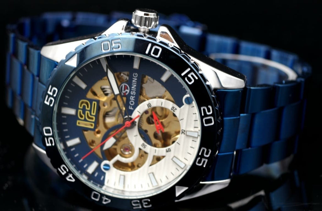 Exklusive Herren Männer Automatik Uhr Blau Farben mit Sicht aufs Uhrwerk NEU3