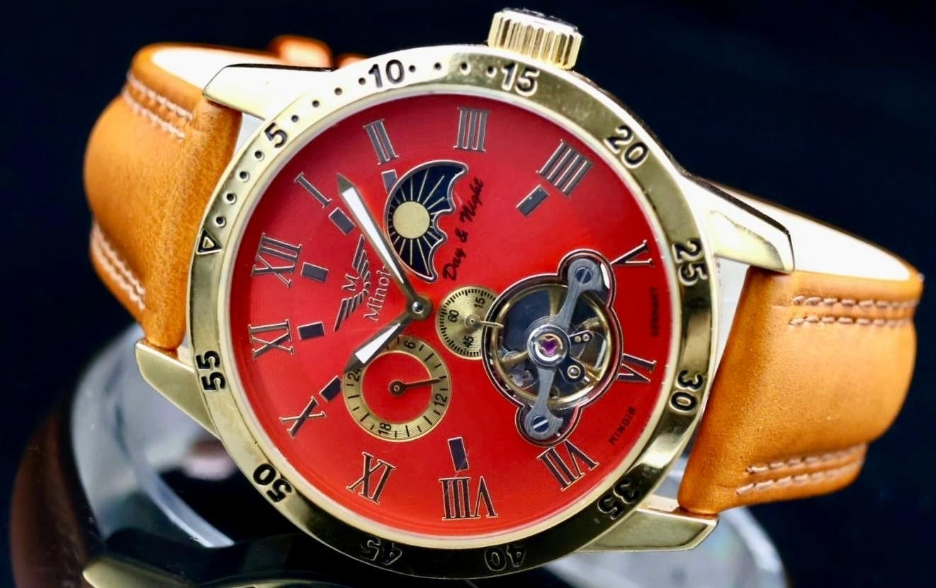 Mega Edle Minoir Avignon Herren Automatik Uhr Rot Gold Herrenuhr Leuchtzeiger1