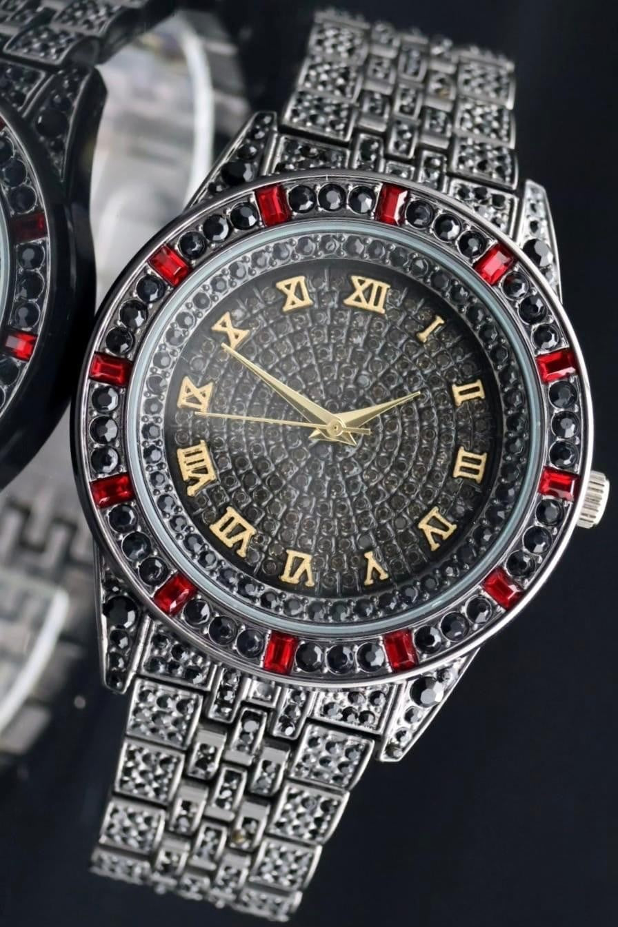 Kingstar Herren Armband Uhr Schwarz Silber Farben Strass Antik Look Neu0