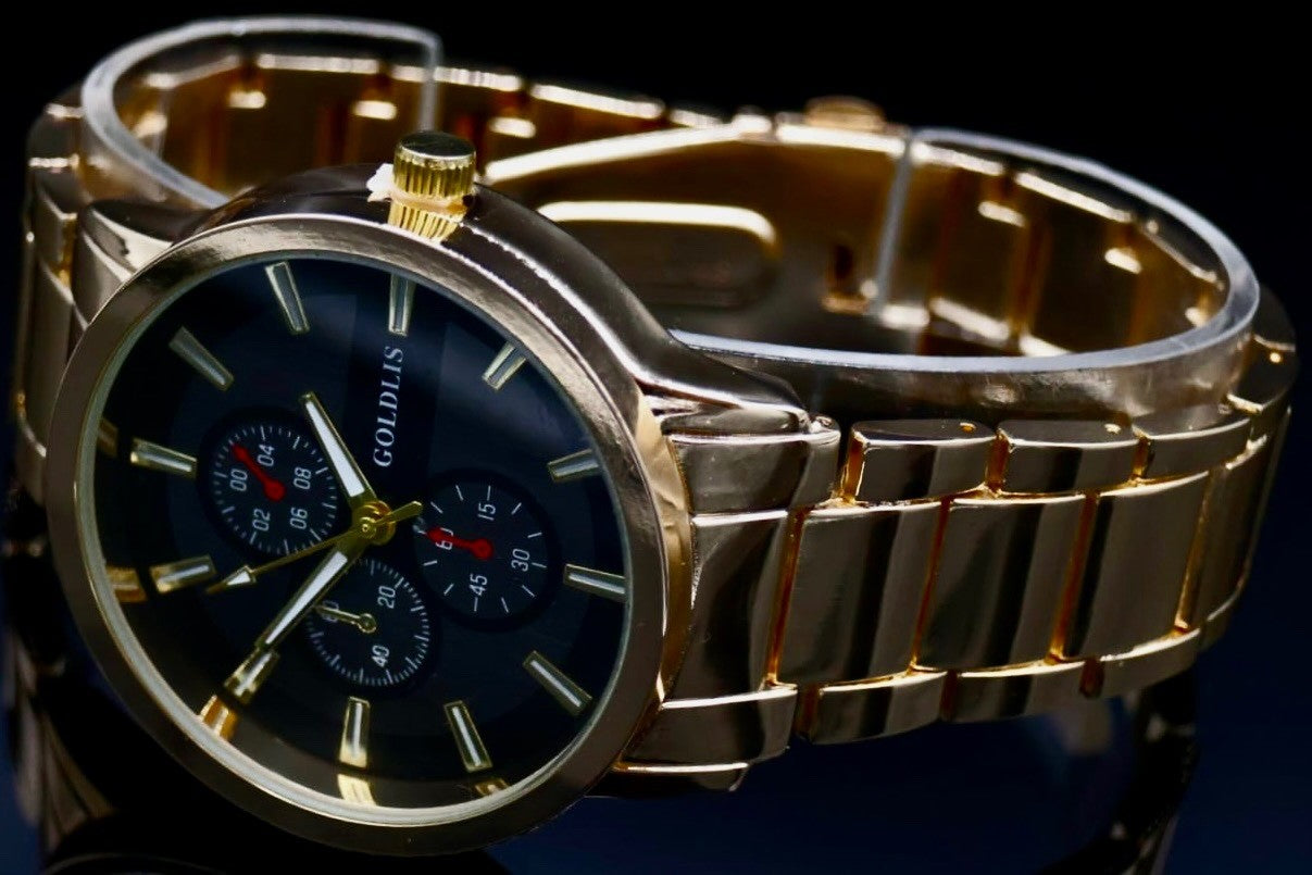 Mega Edle Herren Armband Männer Uhr  Schwarz Gold Farben Chrono-Look NEU1