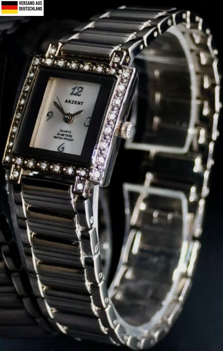 Akzent Frauen Damen Armband Uhr Schwarz Weiß Silber Farben Damenuhr Strass0
