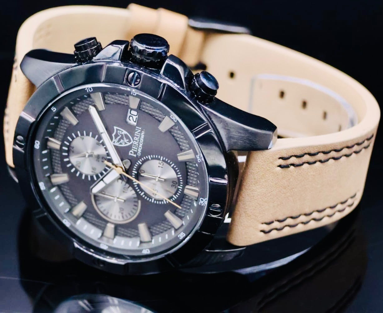 Pierrini Herren Armband Uhr Schwarz Chronograph Stoppuhr 24 Stundenanzeige Datum2