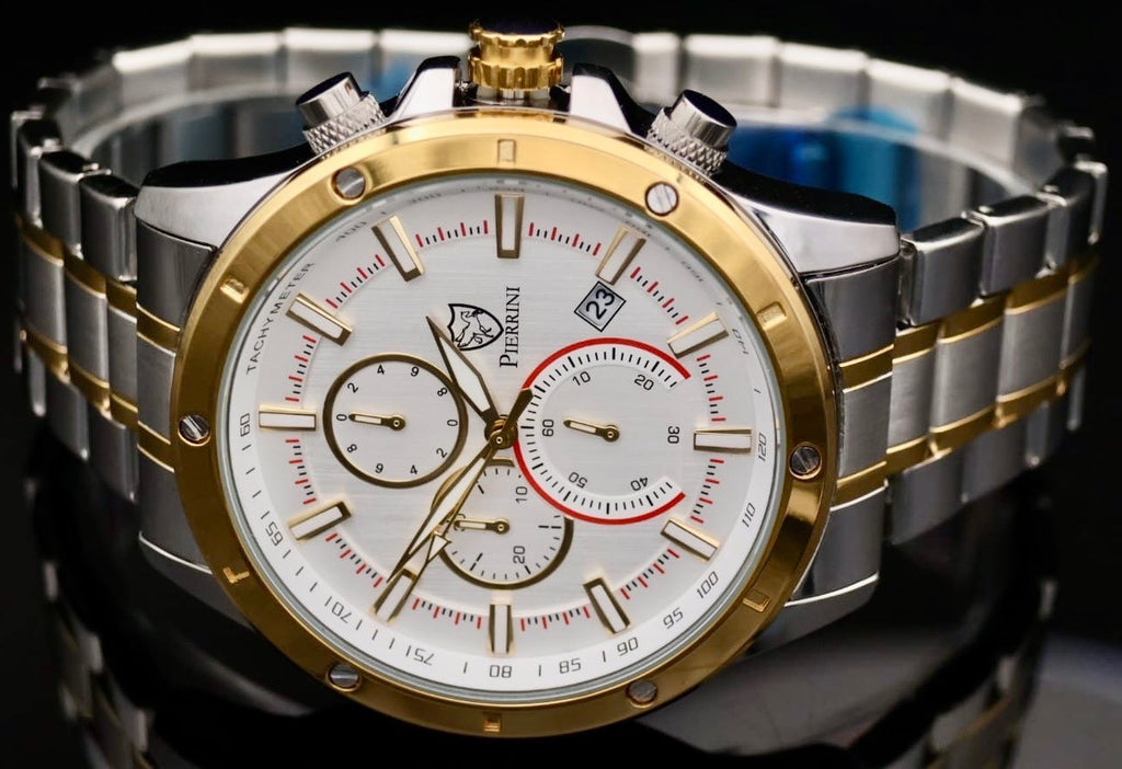 Edle Pierrini Herren Armband Uhr Chronograph Stoppuhr Datum Silber Gold Farben0