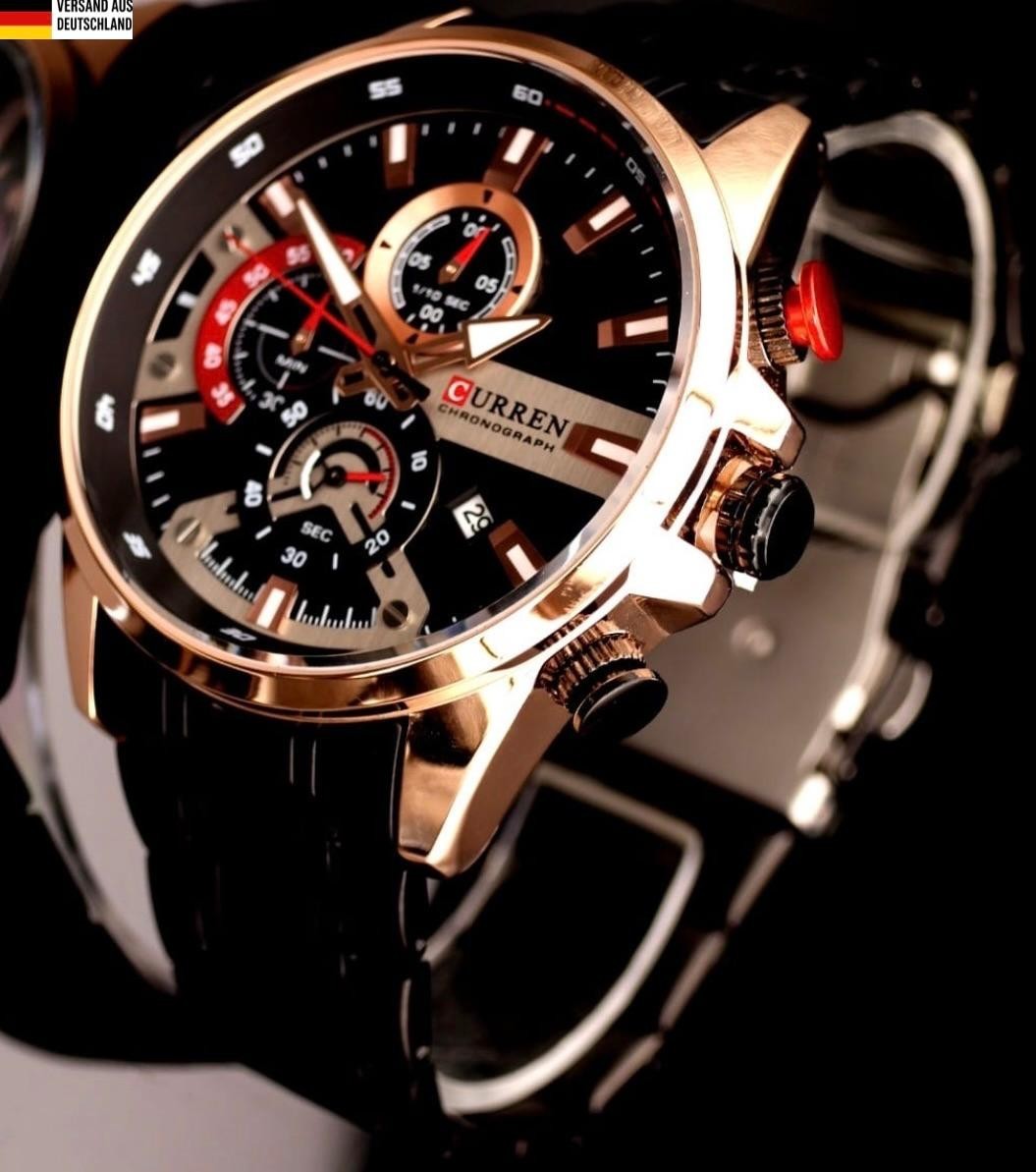 Herren Armband Uhr Edelstahl Chronograph Stoppuhr Datum Schwarz Rosé Farben NEU0