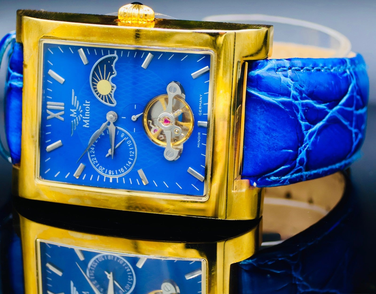 Klassische Herren Uhr Automatikuhr Armbanduhr Minoir Lederband Blau Herrenuhr1
