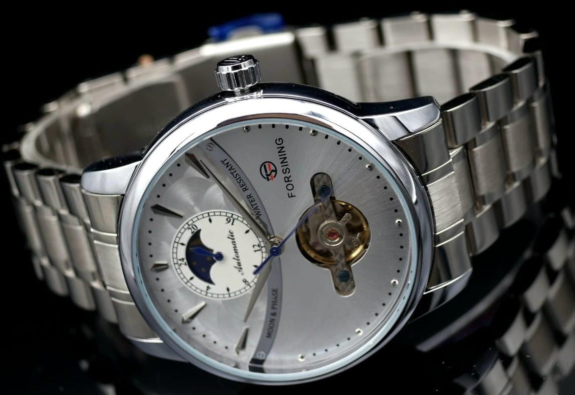 Herren Männer Automatik Uhr ausgefallenes Design Silber Farben offene Unruh NEU1