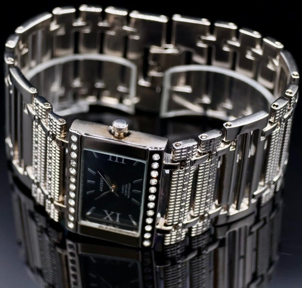 Akzent Damen Frauen Armband Uhr Schwarz Silber Farben Elegante Damenuhr Strass1
