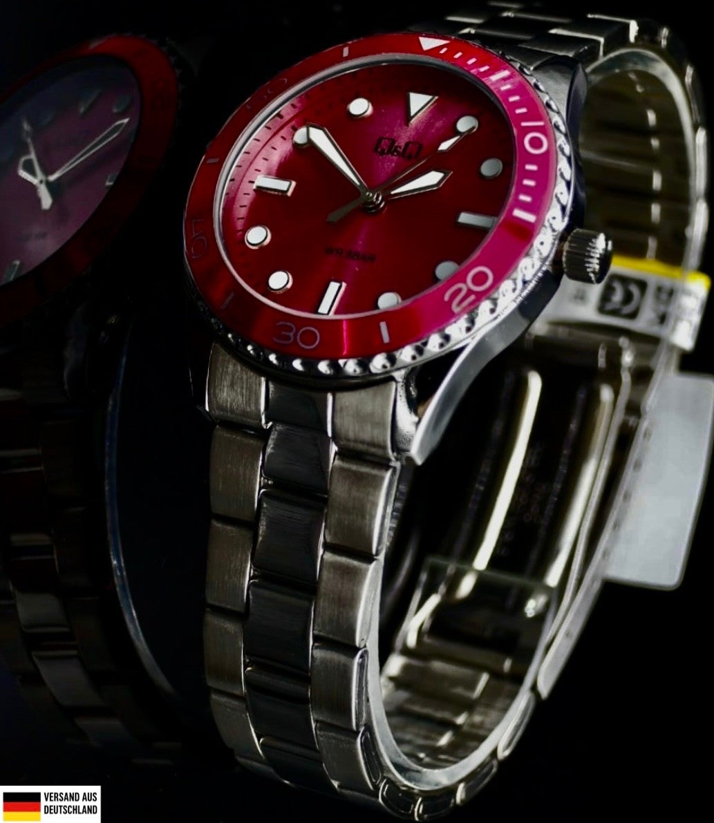 Q&Q Damen Frauen Edelstahl Armband Uhr Pink Silber Farben Damenuhr Mineralglas0