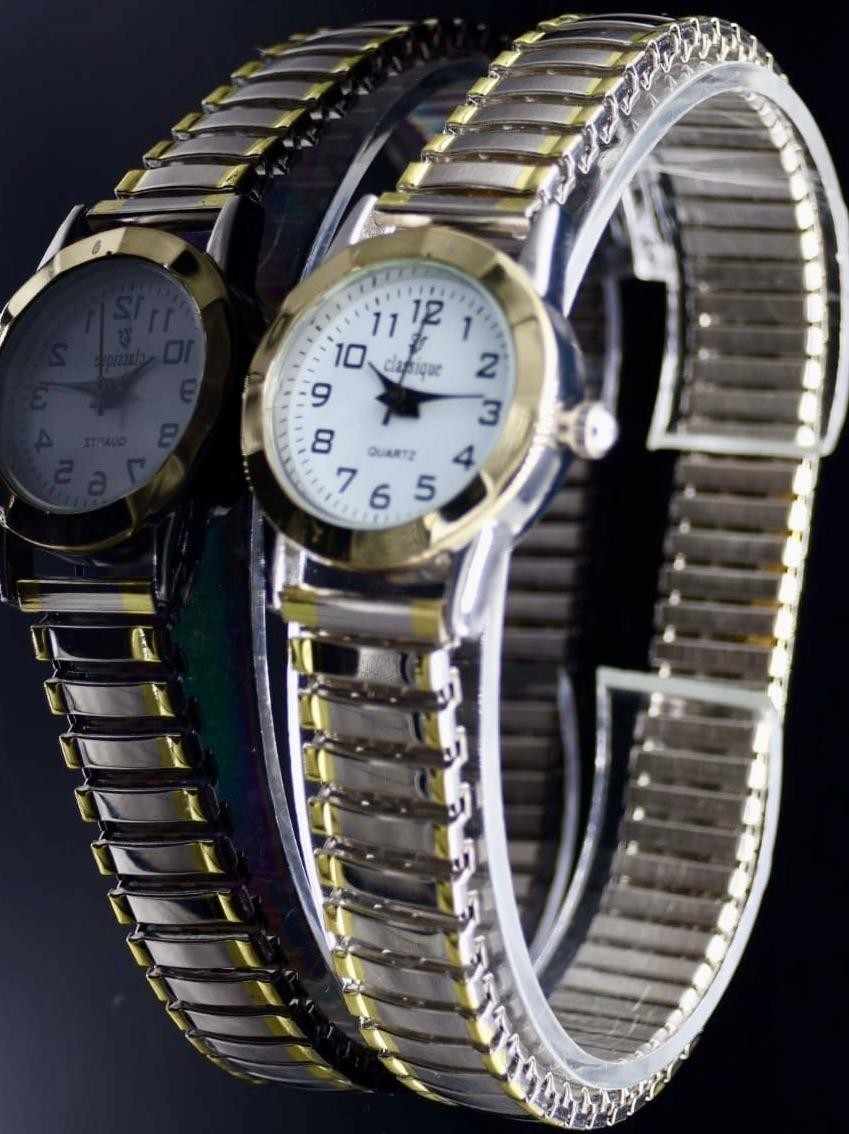 Classique Damen Frauen Armband Uhr Weis Gold Bicolor Farben Edelstahl Zugarmband1