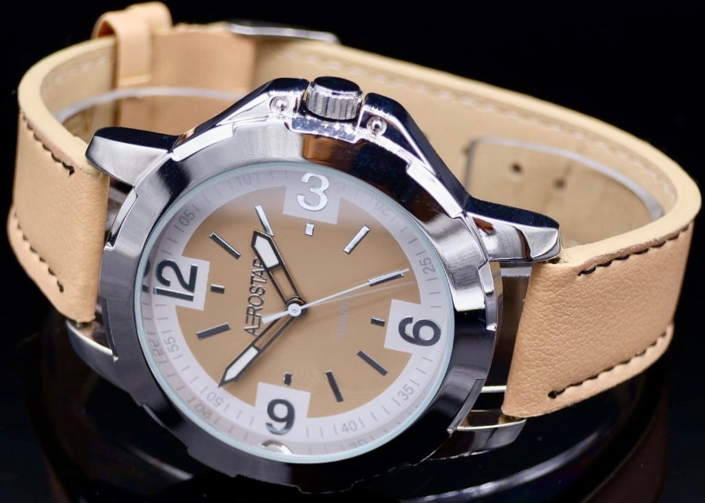 Aerostar Herren Männer Armband Uhr Silber Braun Farben Herrenuhr Mineralglas1