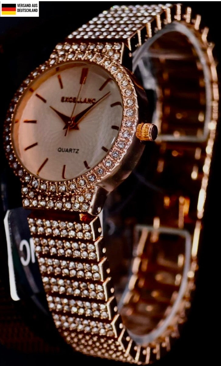 Excellanc Damen Frauen  Armband Uhr Rosé Farben Damenuhr Mineralglas Crystal0