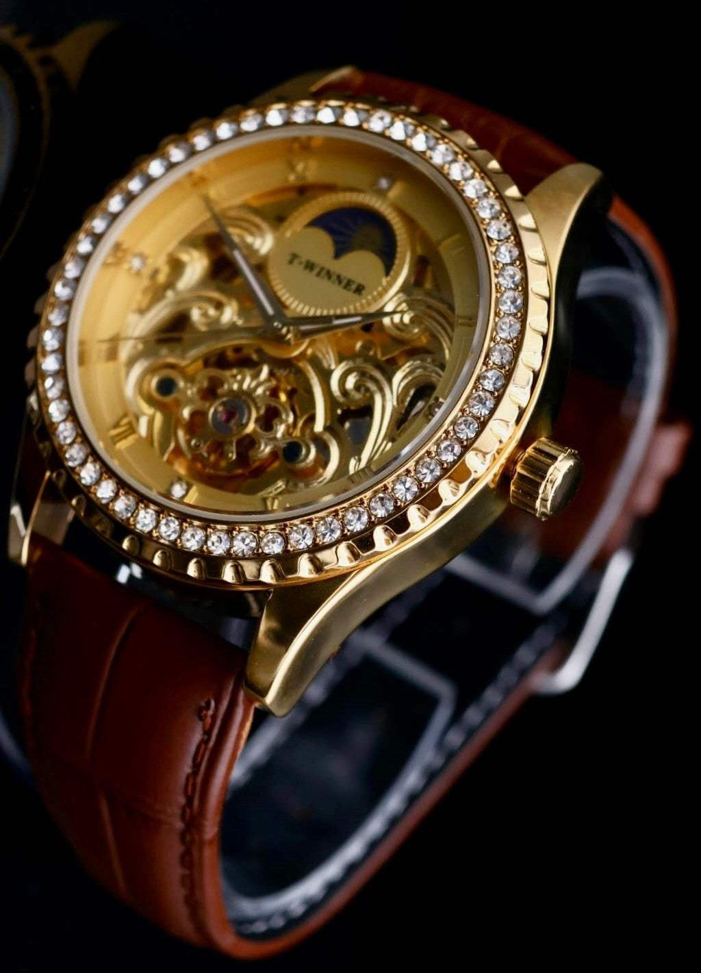 T-Winner Herren Männer Armband Uhr Automatikuhr Gold Braun Farben offene Unruh2