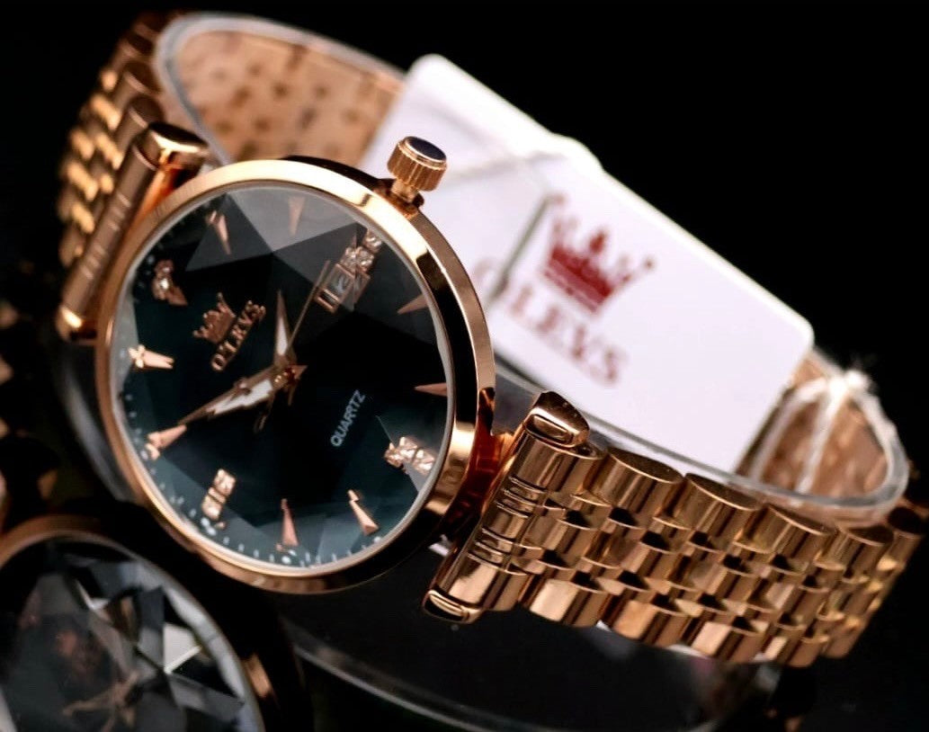 OLEVS Damen Frauen Armband Uhr Crystal Optik mit Strass Besatz Grün Rosé Farben1