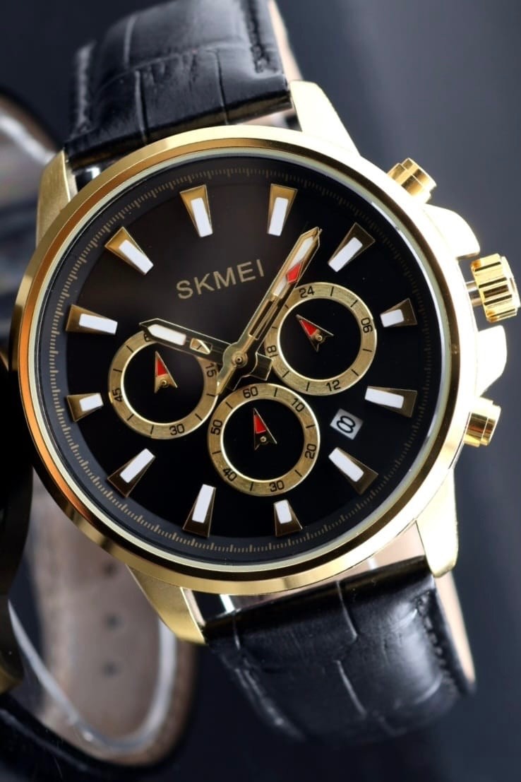 HERRENUHR - SKM - CHRONOGRAPH - STOPPUHR - DATUM - LEDER - SCHWARZ/GOLD - 44MM1