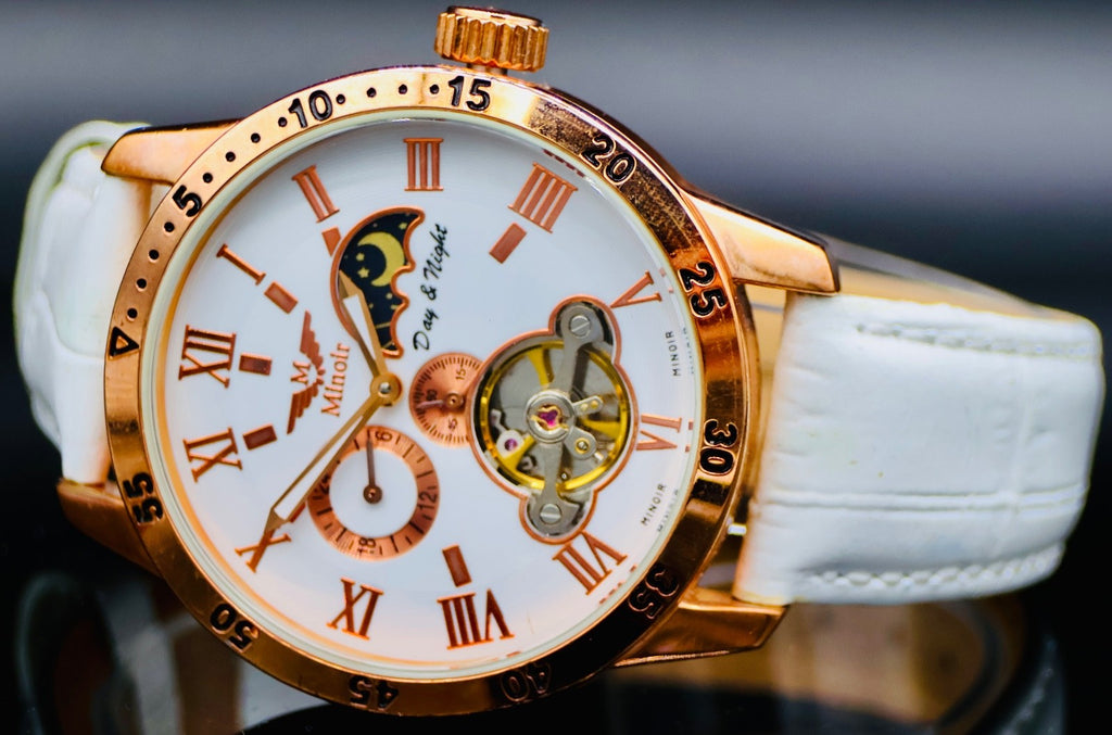 Mega Edle Herren Uhr Automatik Armbanduhr Minoir Herrenuhr mit Lederband in Weiß1