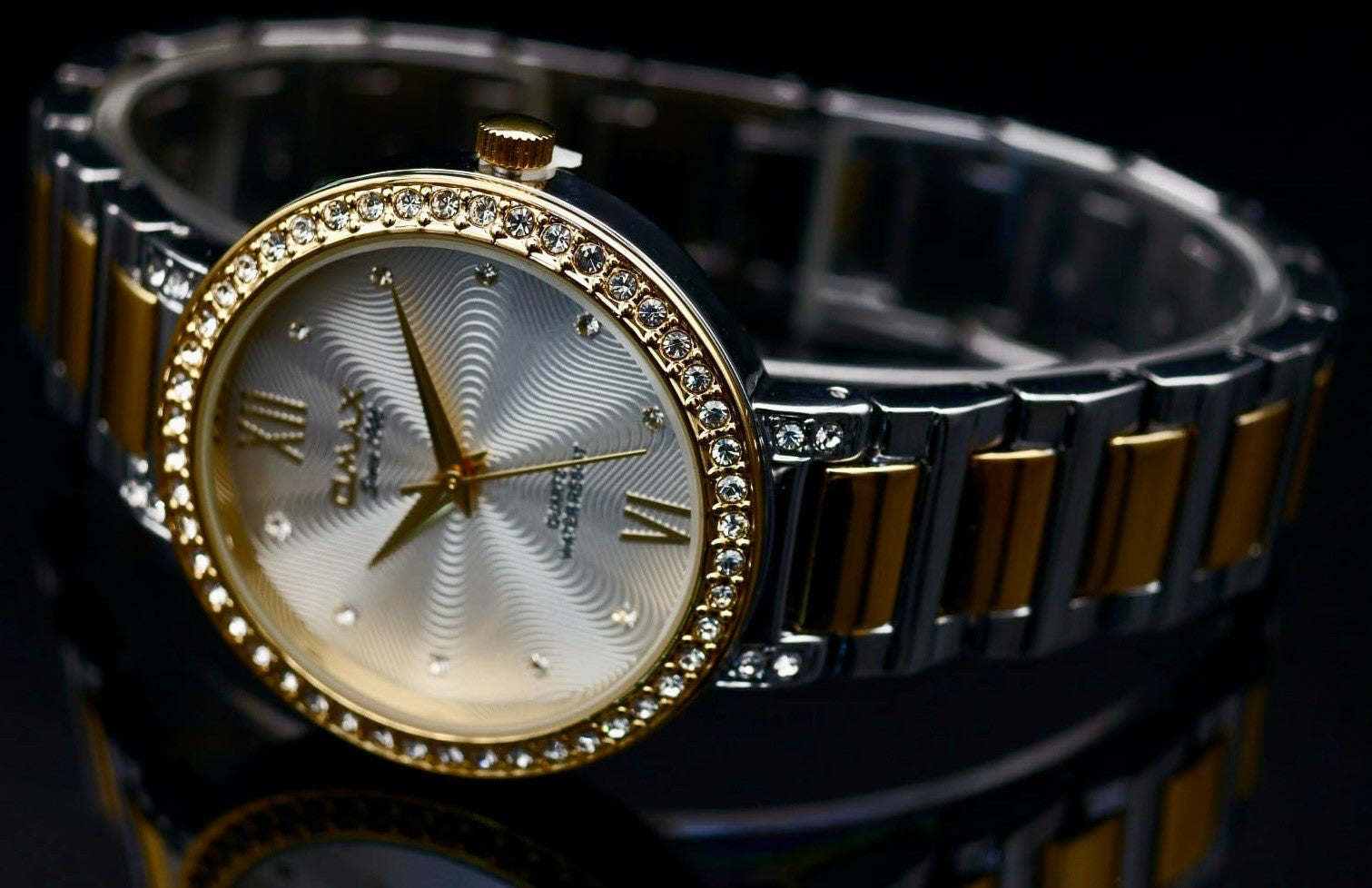 Omax Damen Armband Uhr Silber Gold Farben Bicolor Damenuhr Strass IP Veredelt ¨1