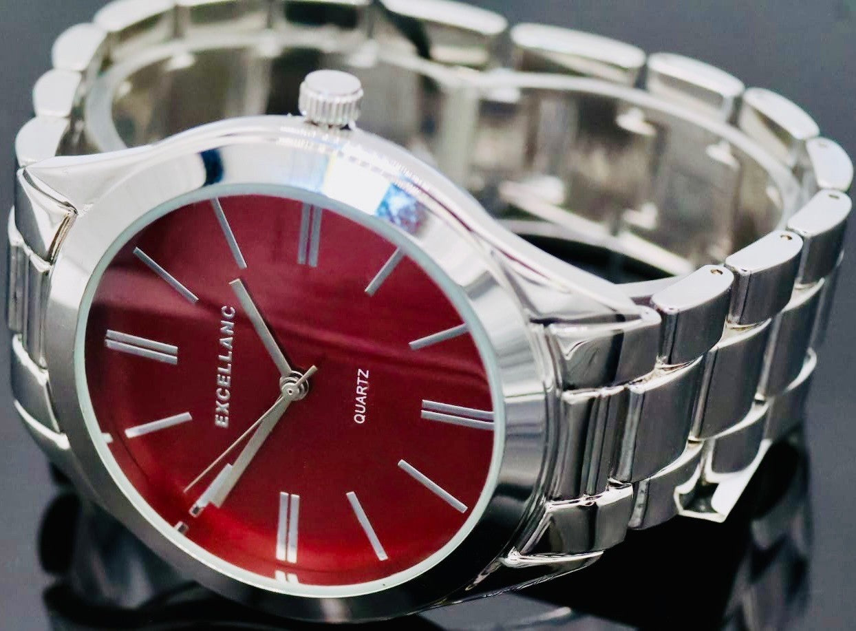 Excellanc  Damen  Armband Uhr Rot Silber Farben Damenuhr Mineralglas2