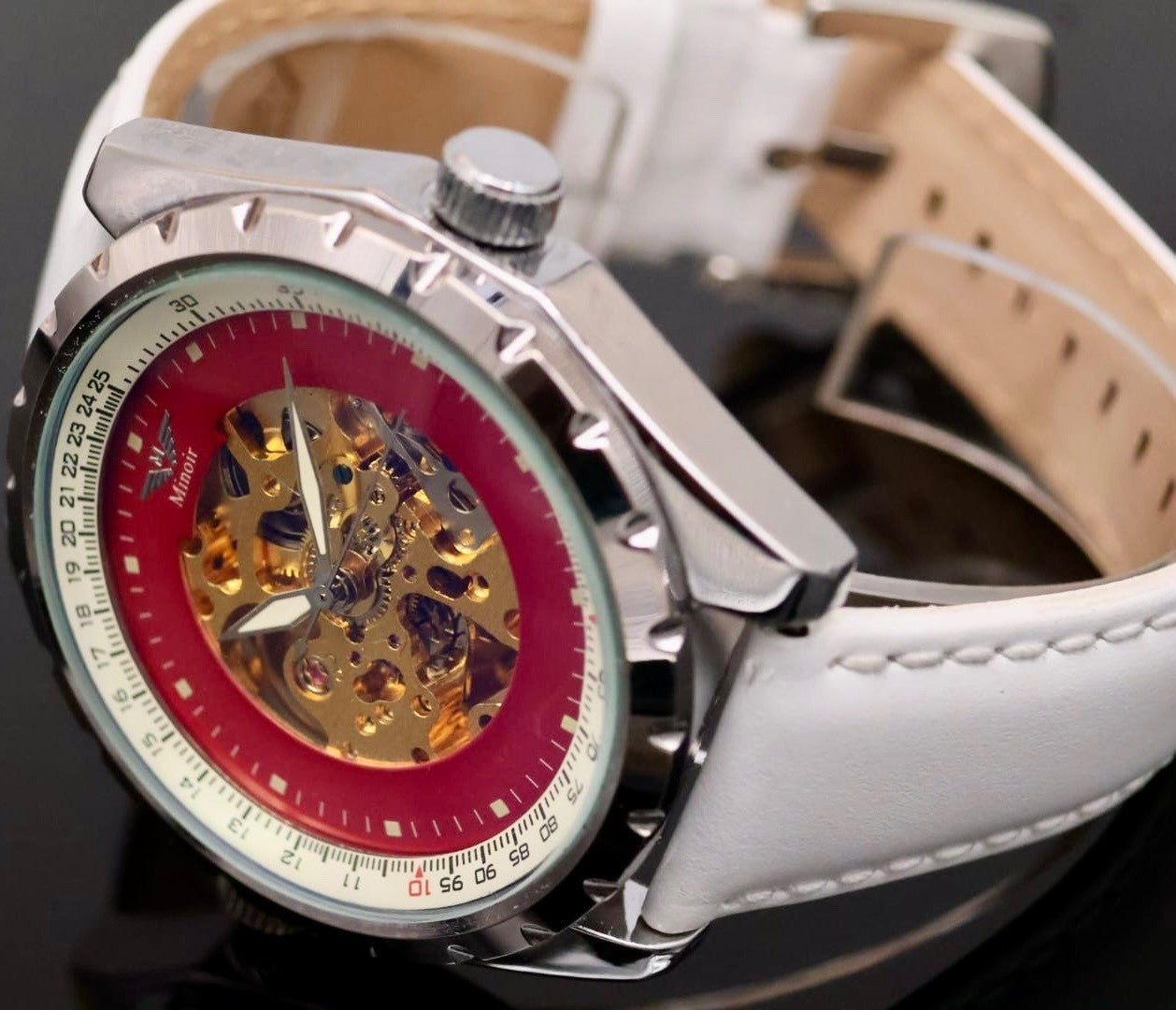 XXL Minoir Automatikuhr Armbanduhr Herrenuhr Weiß  mit offener Unruh Glasboden1