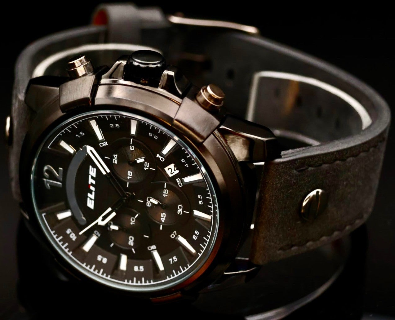 Mega Edle Elite Herren Armband Uhr Chronograph Datum Schwarz NEU1