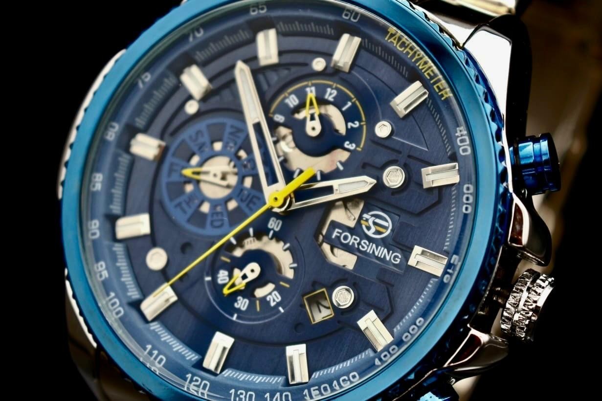 Exklusive Herren Männer Automatik Uhr Blau Silber Farben sport Design Kalender3