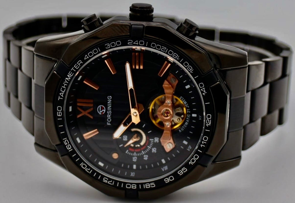 Edle Herren Männer Automatik Uhr Rosé Schwarz Farben offene Unruh Top Design #0