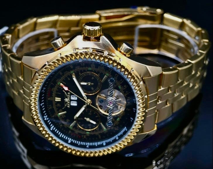 Mega edle JARAGAR Herren Automatikuhr Herrenuhr Schwarz Gold Farben Offene Unruh0