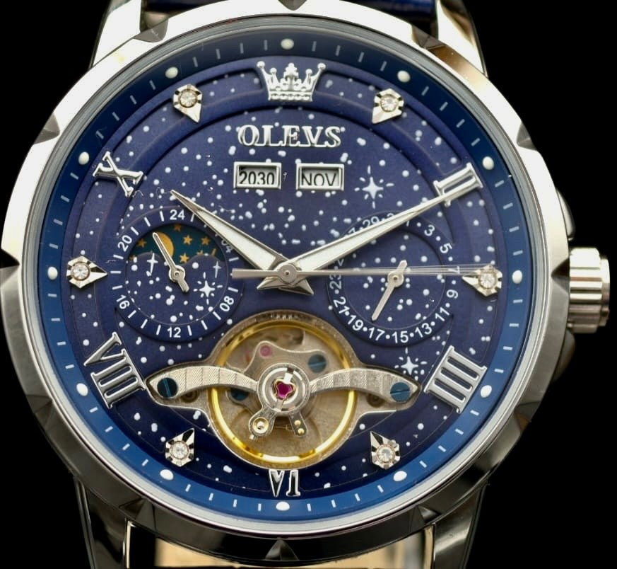 OLEVS Herren Automatik Uhr Herrenuhr Blau Schwarz Farben mit Lederband Kalender2
