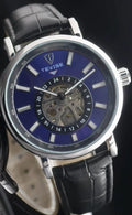TEVISE Herren Automatik Armband Skelett Uhr Blau Schwarz Leder Sichtboden 42mm0