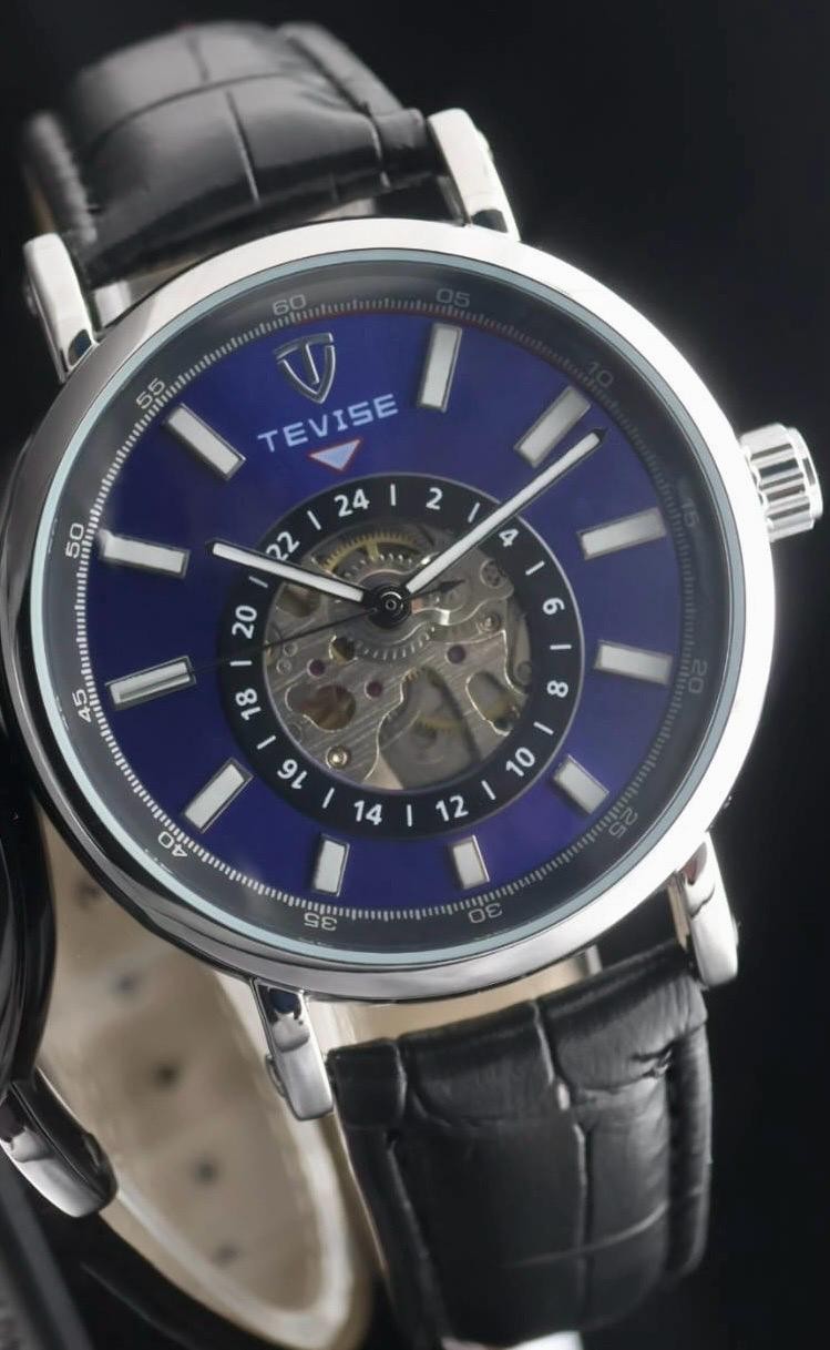 TEVISE Herren Automatik Armband Skelett Uhr Blau Schwarz Leder Sichtboden 42mm0