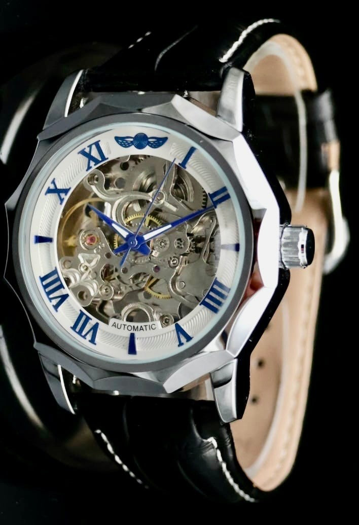 Klassische Herren Männer Automatik Uhr Silber Schwarz Farben mit Lederarmband #2