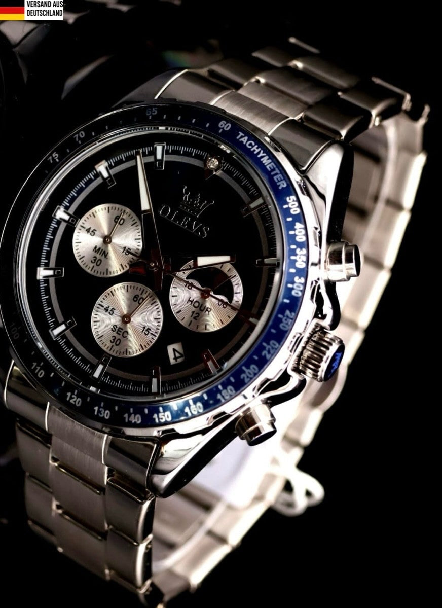 Herren Männer Armband Uhr Chronograph Stoppuhr Datum Silber Blau Farben NEU * 790