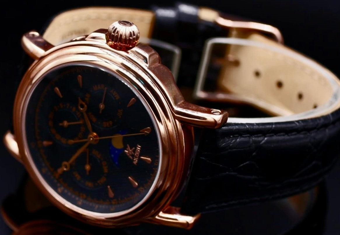 Edle Akzent  Herren Männer Armband Uhr Mondphase Datum Schwarz Roségold Farben1