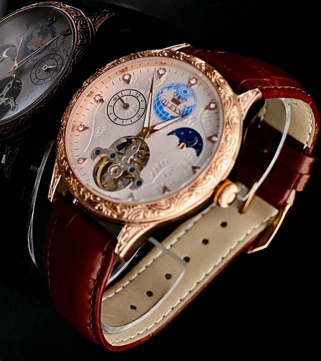 OLEVS Unisex Herren Damen Uhr Automatikuhr Weiß Rosé Braun Farben - offene Unruh0