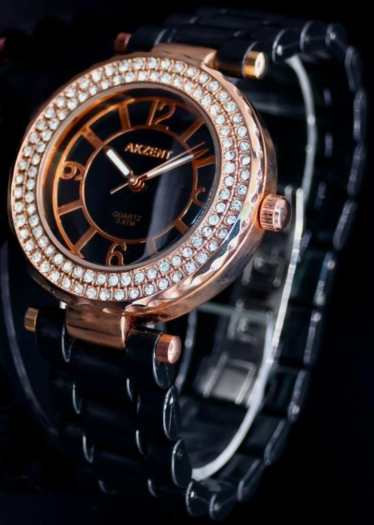- Akzent Damen Frauen Armband Uhr Rosé Schwarz Farben Damenuhr Strass  -0