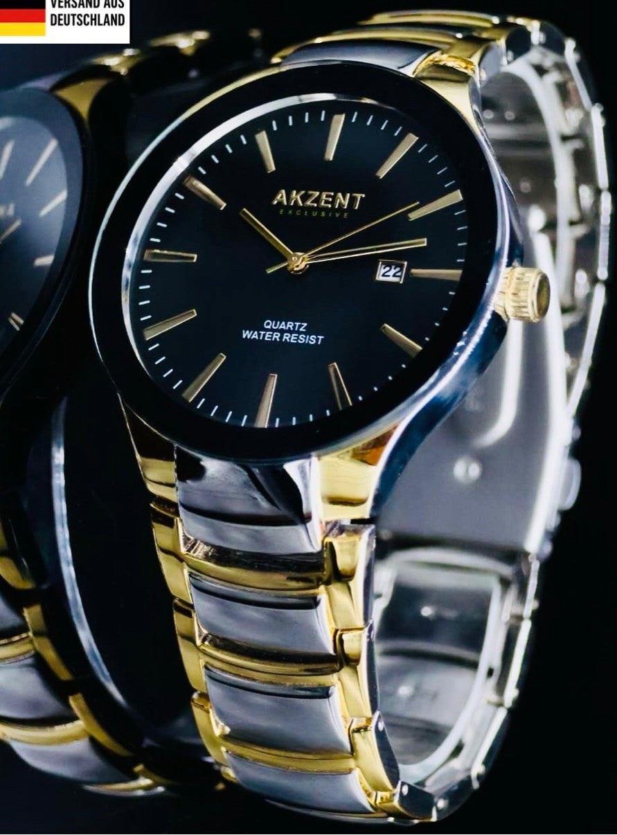 Akzent Herren Männer Armband Uhr Schwarz Silber Gold Farben Datum Flaches Design0