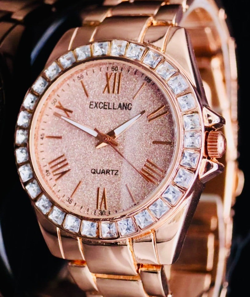 Excellanc Damen Armband Uhr Rosé Farben Damenuhr Strass 12 Stunden Anzeige2