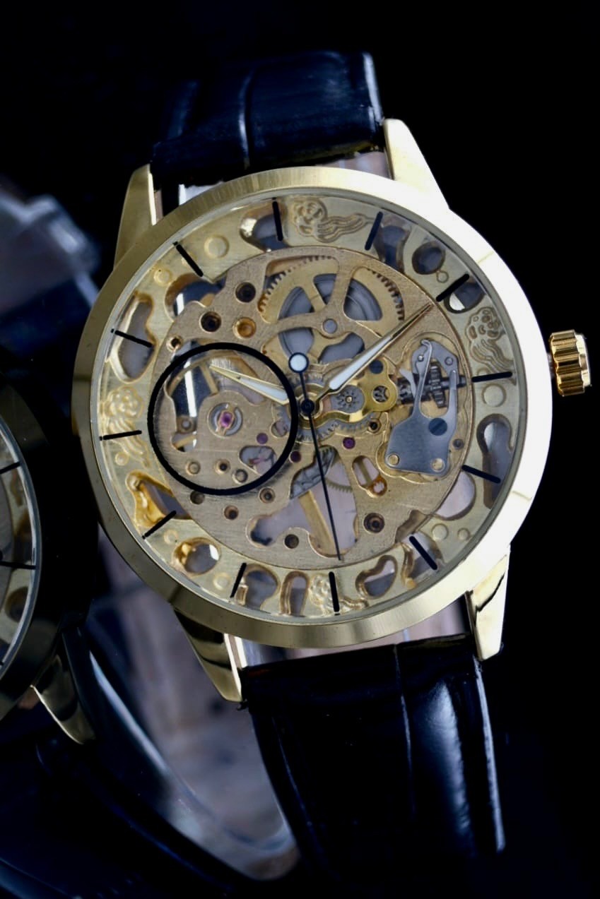 T-WINNER Herren Automatikuhr Gold Schwarz Farben Skelett Uhr Leder Top Design0