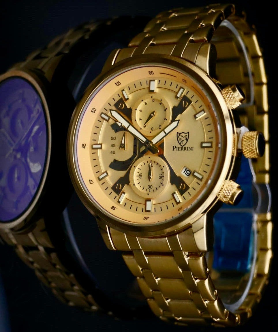 Pierrini Herren Armband Uhr Chronograph Stoppuhr Datum Gold Farben Neu0