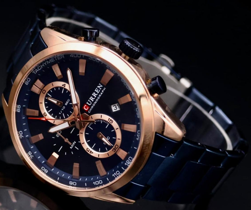 Herren Männer Armband Uhr Herrenuhr Chronograph mit Datumsanzeige Rosé Blau1